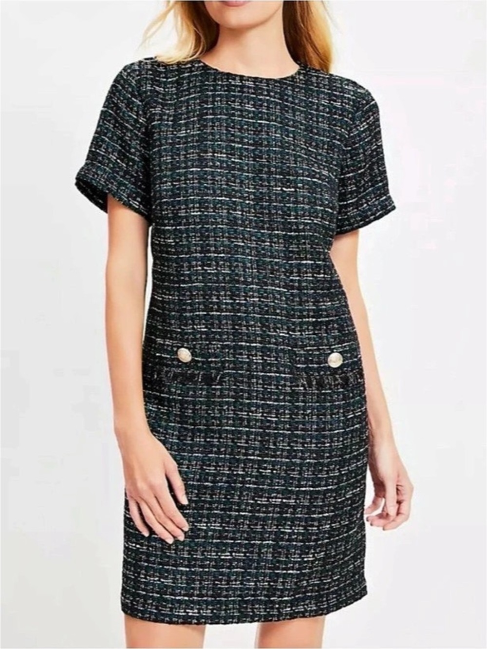 NWT LOFT Metallic Tweed Fringe Pocket Mini Shift Dress Black & Green Size 2